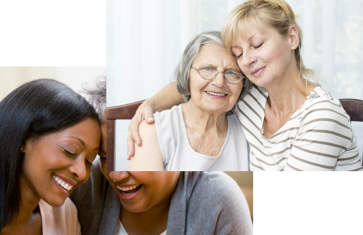 Caregiver affectionately hugging and elderly lady and Caregiver and elderly lady reliving happy memories